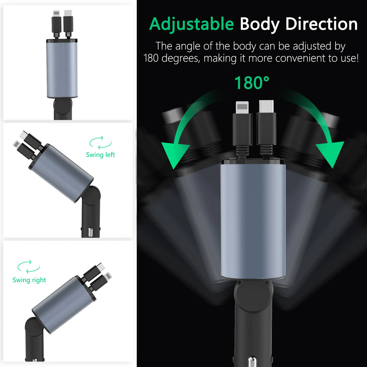 2023 New Retractable Car Charger 4 In1 Fast Car Phone Charger 66W Retractable Cables (2.6Ft) and 2 USB Ports Car Charger Adapter