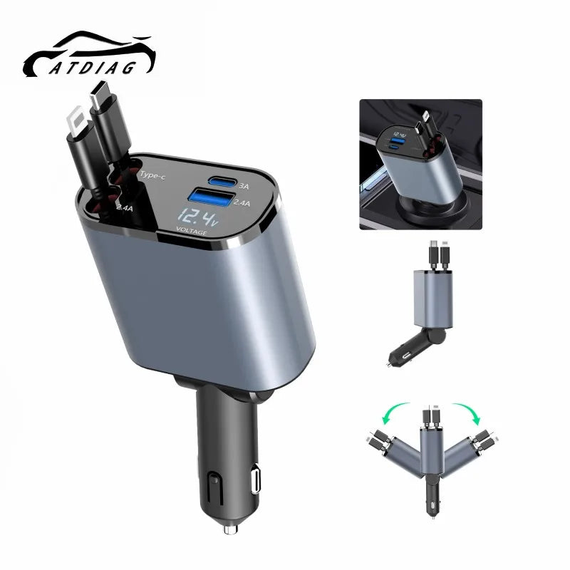 2023 New Retractable Car Charger 4 In1 Fast Car Phone Charger 66W Retractable Cables (2.6Ft) and 2 USB Ports Car Charger Adapter